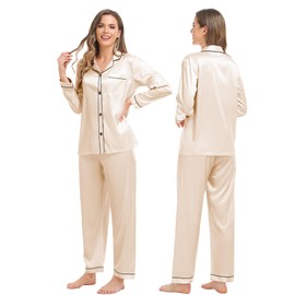 SWOMOG Couples Silk Satin Pajamas Sets Women & Men Long Sleeve Sleepwear 2PCS Pjs Button-Down Loungewear Comfy Nightwear Men Champagne Large