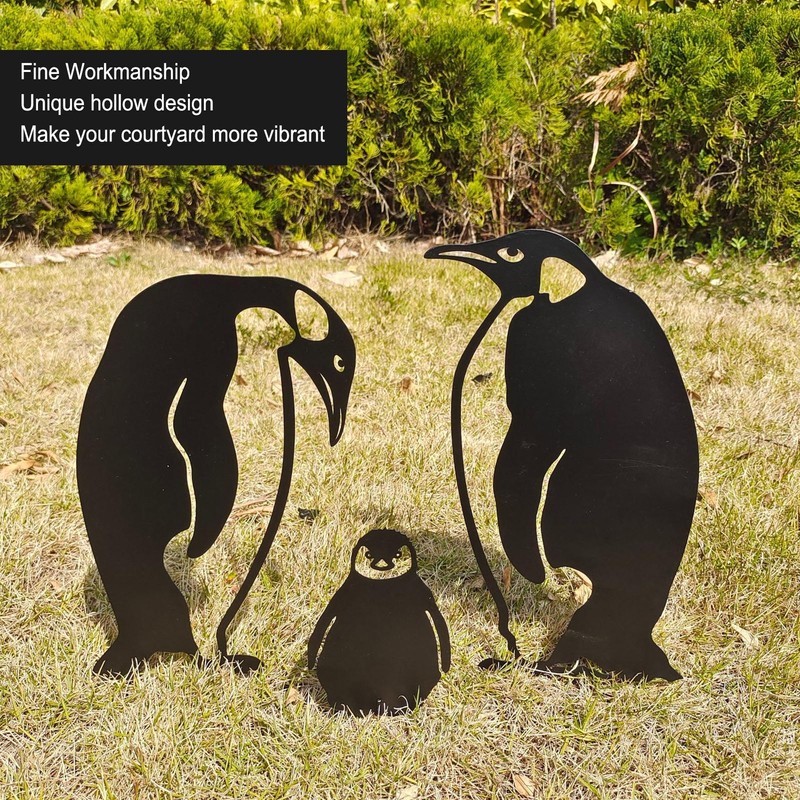 Penguin Family Stake Statue Simulation Vivid Hollow Iron Animal Stake
