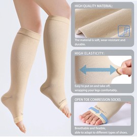 Sockswift Open Toe Compression Socks for Women&Men Toeless 20-30 mmHg Knee High Stockings for Nurses, Prenancy, Travel, Wheat