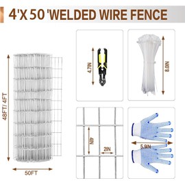 Tongmo 4 ft x 50 ft Galvanized Welded Wire Fence, 16GA Garden Chicken Wire Fence Roll, Mesh Size 2" x 4"Hardware Cloth, Ideal for Yard Protection and Poultry Netting