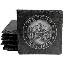 Oregon Mountain Scene Slate Coasters Set of 5 - Vintage Style Mountain River Forest Design - Rustic Gray Natural Stone Drink Coasters - Handcrafted in Oregon USA - Perfect Home Bar Decor Gift