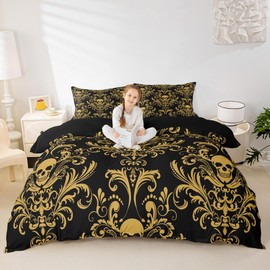 Erosebridal - Juego de cama gótico de damasco para adultos, funda de edredón victoriana antigua, tamaño individual, funda de edredón gótico floral clásico, diseño de calavera de azúcar, diseño barroco