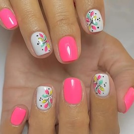 24Pcs Flower Press on Nails Short Square Fake Nails with Designs Cute False Nails Full Cover Glossy Stick on Nails Summer Pink Acrylic Glue on Nail for Women Daily Wear