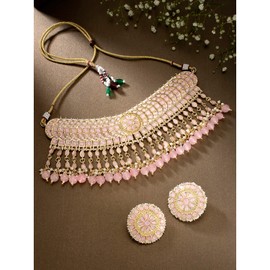 I Jewels Womens 18K Gold Plated Indian Wedding Bollywood Kundan & Pearl Studded Choker Necklace Set (K7210Fpi) Full Pink