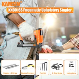 KAMSIN #KN8016S 21 Gauge Pneumatic Upholstery Fine Wire Stapler, Continuous Firing Mode, 1/2'' Crown Staples, 1/4'' - 5/8'' Length, Air Power Upholstery Staples Gun for Furniture, Upholstering