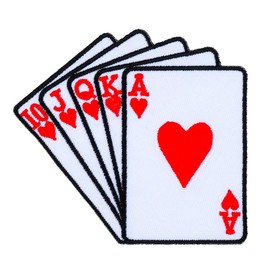 Graphic Dust Hearts Royal Straight Flush Card Embroidered Iron On Patch Applique Poker Casino Gambling Red Las Vegas Ace Club Lucky Jack Queen King Ace Card