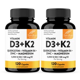Sandhu's Vitamin D3 K2 Magnesium 5000 IU, 120mcg K2 Capsules 120 Count (Pack of 2) | with VIT B6, Zinc & Quercetin | D3K2 Supports Superior Absorption, Energy, Immune, Muscle Health for Men & Women