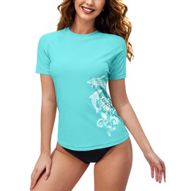 BesserBay Women's Short-Sleeved Rash Guard with Beautiful Patterns, UV Shirt Tankini, UPF 50+, S-XXL, blue, xxl