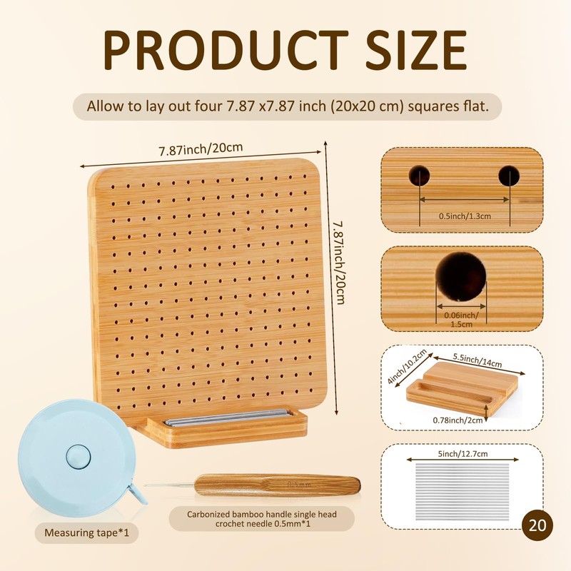 GMHLLES 7.7" Crochet Blocking Board, Wooden Blocking Board with 20