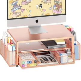 OPNICE Desk Organizers and Accessories, 2-Tier Computer Monitor Stand with Drawer and 2 Pen Holders, Laptop Stand, Office Desk Accessories for Office Supplies, Rose Gold