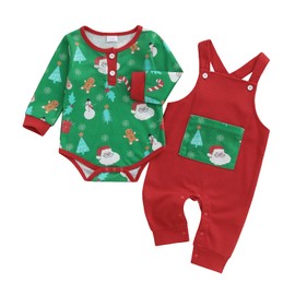 Christmas Baby Boy Outfit Long Sleeve Romper Overall Pants Set Newborn Boy Christmas 2 Piece Clothes (Santa Snowman Gingerbread Red, 12-18 Months)