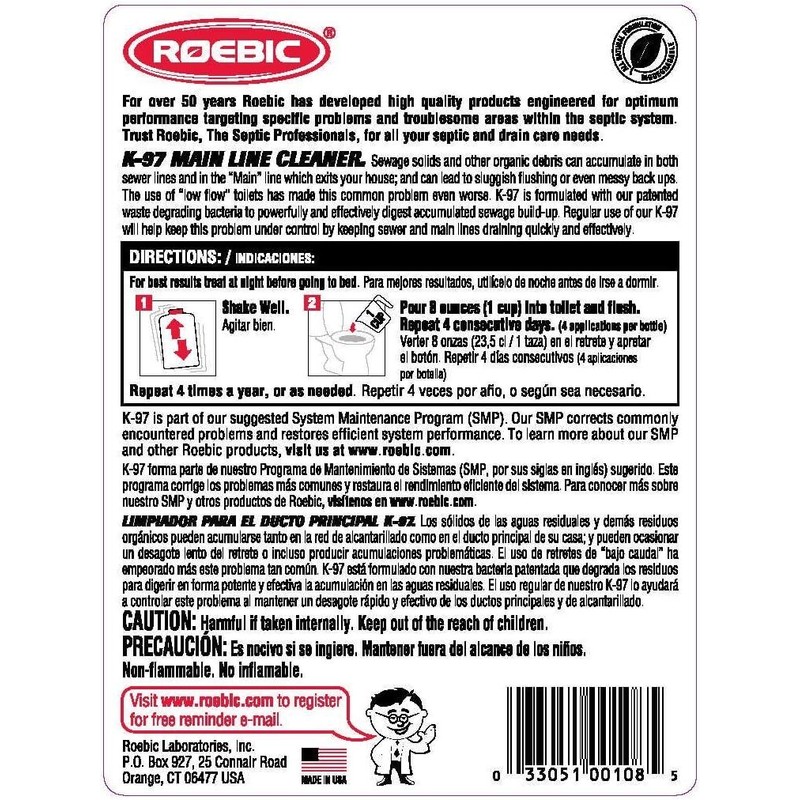 Roebic Main Line Cleaner - Exclusive Bacteria Digests Paper, Fats,