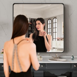 LOAAO 32X32 Inch Black Metal Framed Bathroom Mirror for Wall, Matte Black Bathroom Vanity Mirror Farmhouse, Anti-Rust, Tempered Glass, Hangs Horizontally or Vertically