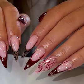 Uñas Postizas Largas Con Presión, Estilo Stiletto, Francesas, Marrones, Con Flores Rosas, Hechas A Mano, Con Estampado De Leopardo, 24 Unidades