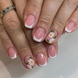 24pcs French Tip Press on Nails Short Square Flower Fake Nails with White Daisy Floral Glossy Designs Cute Glue on Nails Short Nails Tips False Nails Summer Flowers Acrylic Nails for Women Girls