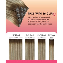 Youngsmile Real Human Hair Clip in Extensions Balayage Brown Fading to Ash Brown Highlight with Medium Blonde 120g 7pcs 16inch Invisible Natural Human Hair Extensions Clip in(#3/8/22-16inch)