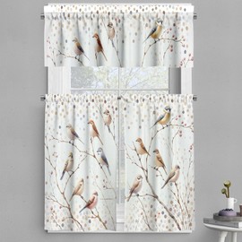 Ambesonne Bird Print Valance & Tier Curtain 3 pcs Set, Watercolor Style Polka Dots and Animals on Leafless Fall Branches, Window Treatments for Kitchen Room Decor, 55" x 24", Pastel Brown Purpleblue