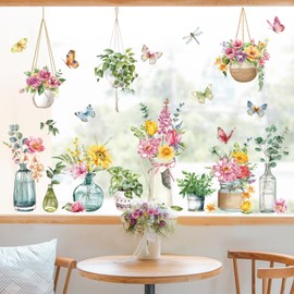 decalmile Potted Plants Window Clings Flowers Hanging Vines Plants Window Decals Anti-Collision Glass Window Doors Window Stickers