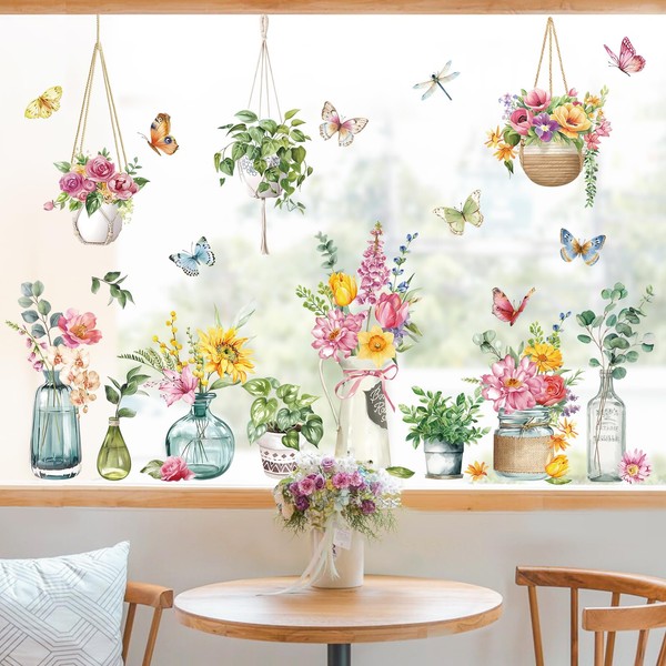 decalmile Potted Plants Window Clings Flowers Hanging Vines Plants Window