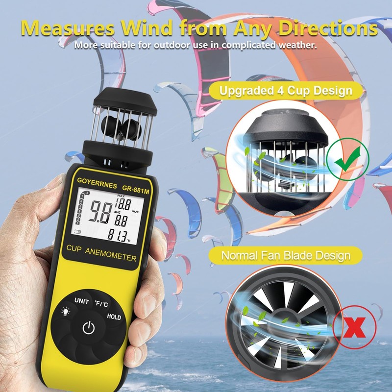 Digital Anemometer Handheld with Wind Cup Anemometer GR-881M Portable Speed