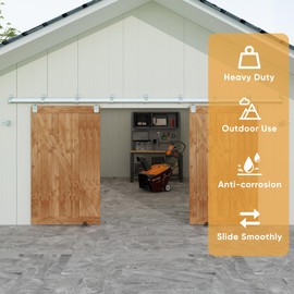 JUBEST 14FT Box Rail Exterior Barn Door Hardware Kit, Heavy Duty Sliding Door Track Kit Wall Mount Door Hardware Kit for Two Doors System(Doors Not Included), Silver