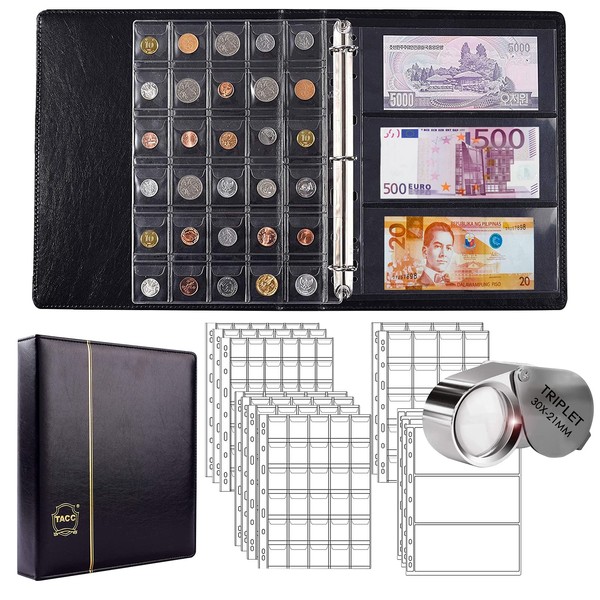 295pcs 2 in 1 Coin Collection Book Set, Coin Collection Supplies, Coin Holders for Collectors, 3 Size Coin Pockets and 9 Pockets Paper Money Storage Binder Father's Day Gift (Black)