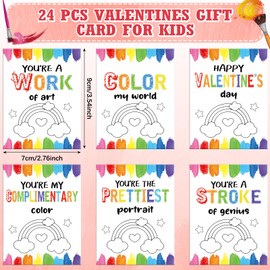 Fullhawl 24 Sets Valentines Gift Mini Painting Set Heart Shape Canvas Wooden Easel, Watercolor Paint and Brush Kit with Valentines Cards for Exchange Gifts Party Favors