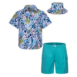 MOHEZ Boys Hawaiian Shirt and Short Set Summer Outfit Kids 2 Piece Festival Clothes Button Down Printed Shirts Set With Bucket Hat White 7-8 Years Old