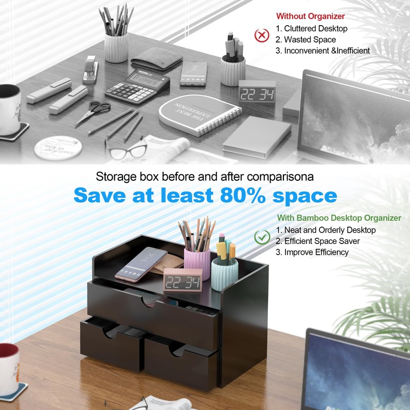 Bamboo Desk Organizer with Drawers Desktop Storage Drawers for Bills
