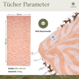 Lukkum® Oeko-Tex® Zebra Pattern Peshtemal Beach Towel Sauna Towel Bath Towel Hammam Towel Large Cotton Shower Towel Hand Towel Fouta Blanket Sports Towel Sarong Peach Colour Salmon Colour (Peach Fuzz,