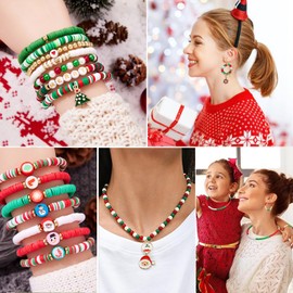 1456Pcs Christmas Bracelet Making Kit, Christmas Beads Charms for Jewelry Making Red Green Clay Beads Pearl Beads Star Round Crystal Bead Snowflake Santa Xmas Tree Pendants for Necklace Earrings Craft