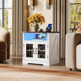 WLIVE Farmhouse End Table, Living Room Side Table with Charging Station, LED Farmhouse Nightstand with Adjustable Storage Shelf for Living Room, Bedroom, Office, Rustic Side Tables, Espresso