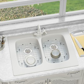 Kitchen Sink Bottom Grid Protector 304 Stainless Steel Sink Grate with Rear Drain, Universal Metal Sink Rack for Kitchen Double Bowl Sink