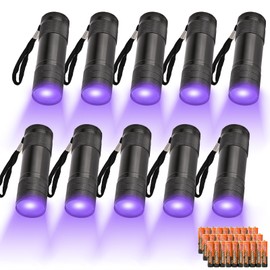 yikosam 10 Pcs UV Black Light Flashlights Bulk, 9 Led 395-400nm Mini Blacklight Handheld Portable Torch Pet Urine Detector for Bed Bug, Hair, Dog Cat Urine and Stains Batteries Included