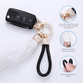 AMIR Microfiber Leather Wristlet Keychain, Fluffy Keychain, Key Chain Holder Car Keys Keychain with 4 Key Ring and 2 Anti-Lost D Ring