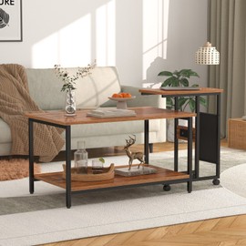 VECELO Set of 2 Adjustable Coffee Nesting Table with USB Port and Wheel for Living Room