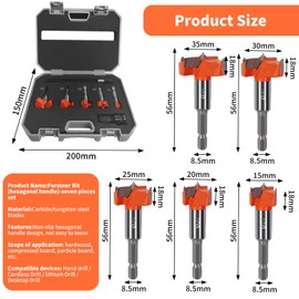 Forstner Drill Bit Set 7 Pieces in Case, Forstner Drill Bit Set, 15 to 35 mm Forstner Drill Bit for Wood, with 1 Socket Adapter and 150 mm Extension Rod, Accessories Drill for Fine Wood Working