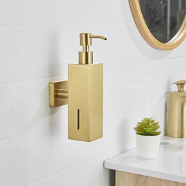 WOLIBEER Gold Soap Dispenser, 250ml Refillable Shampoo Conditioner Holder Dish Soap Liquid Holder Stainless Steel Shower Soap Square Hand Sanitizer Dispenser Wall Mounted