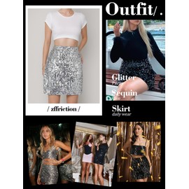 zffriction Women's Sequin Skirt, Glitter Skirt, Elastic Waist, Midi Skirt, A-Line Hip Skirt, Sparkling Short Skirt, Party, Carnival, Concert, silver