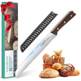 HAUSHOF Bread Knife with Sheath, 8-Inch Serrated Bread Knife for Homemade Bread, 5Cr15Mov Premium Stainless Steel Bread Cutter with Gift Box for Mom Dad, Full Tang and Ergonomic Handle