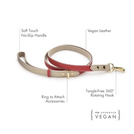 NINA WOOF Vegan Leather Dog Leash Copenhagen - Padded Luxury Dog Lead - Dog Leash Large Dogs, Dog Leashes for Medium Dogs, Dog Leash for Small Dogs, Long Dog Leash, Red, 4ft