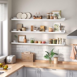 HOOBRO Floating Shelves, Wall Shelf Set of 3, 47.2 Inches Hanging Shelf with Raised Edge and Invisible Brackets, for Bathroom, Bedroom, Kitchen, Office, Living Room Decor, White WT92BJ01