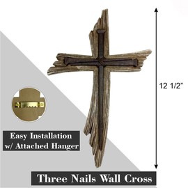 Top Brass Rustic 3-Nail Wall Cross – 12 ½” Resin Christian Cross with Weathered Wood Look and Symbolic Nails of Christ’s Crucifixion – Religious Jesus Crucifix Art