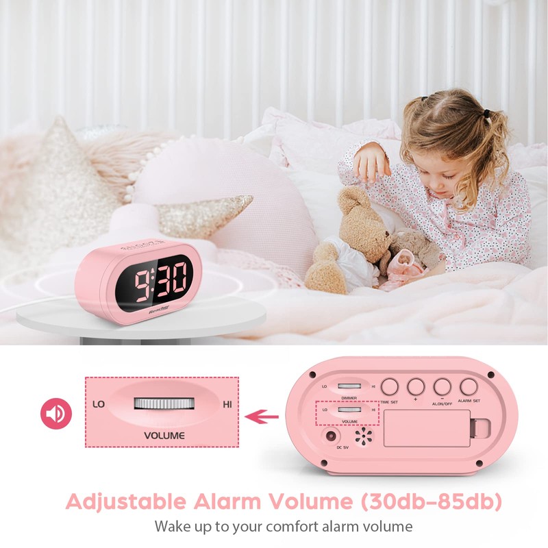 REACHER Pink Girls Alarm Clock for Kids Bedroom, Dimmable LED