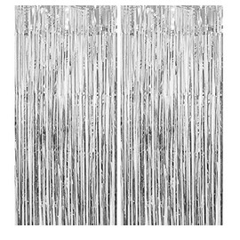 Silver Metallic Tinsel Foil Fringe Curtains Shimmer Curtain Party Photo Backdrop Decorations,Pack of 4