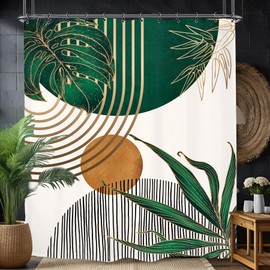 Yookeb Abstract Emerald Green Bathroom Shower Curtain 60W by 71H Inch Modern Minimalist Vintage Leaves Mid Century Aesthetic Leaves Plant Geometric Polyester 12 Plastic Hooks Waterproof Decor