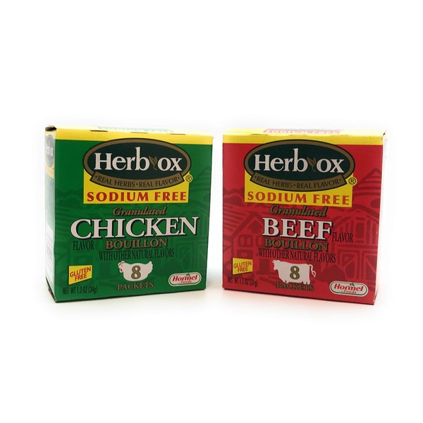 Herb-Ox Sodium Free Bouillon Bundle, Beef and Chicken, 16 Total Packets