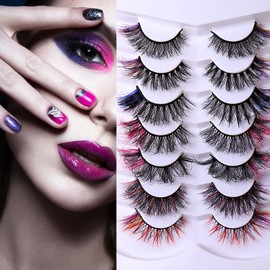 BCFHYK Upgraded 7 Pairs Colored Lashes Russian Strip Lashes with Color 7 Colors 7 Styles Eyelashes Mix Wispy Faux Mink Lashes Fluffy Long False Eyelashes Reusable D Curl Lash-712