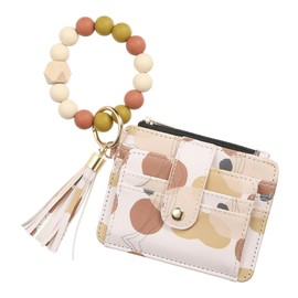 SUIKIHUM Small Credit Card Wallet with Keychain Wristlet Beads Ring, PU Leather Card Holder - 8 Card Slots & 1 ID Window & 1 Zipper Pocket, Geometric Print