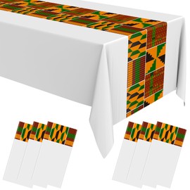 Oudain 6 Pcs 54" x 108" Kente White Plastic Tablecloths Black History Month Table Covers Juneteenth Tablecloths Disposable African American Table Decorations for Kwanzaa Festivals Kitchen Home Decor